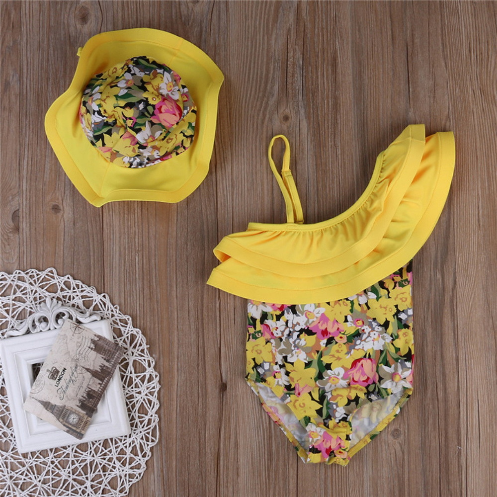 Yellow Floral Ruffle Swimsuit Sun & Hat Set